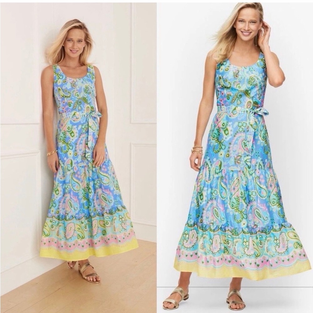 Talbots Blue Paisley Maxi Dress with Yellow & Pink Border